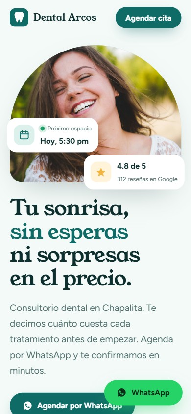 Página de ejemplo de un consultorio dental en celular