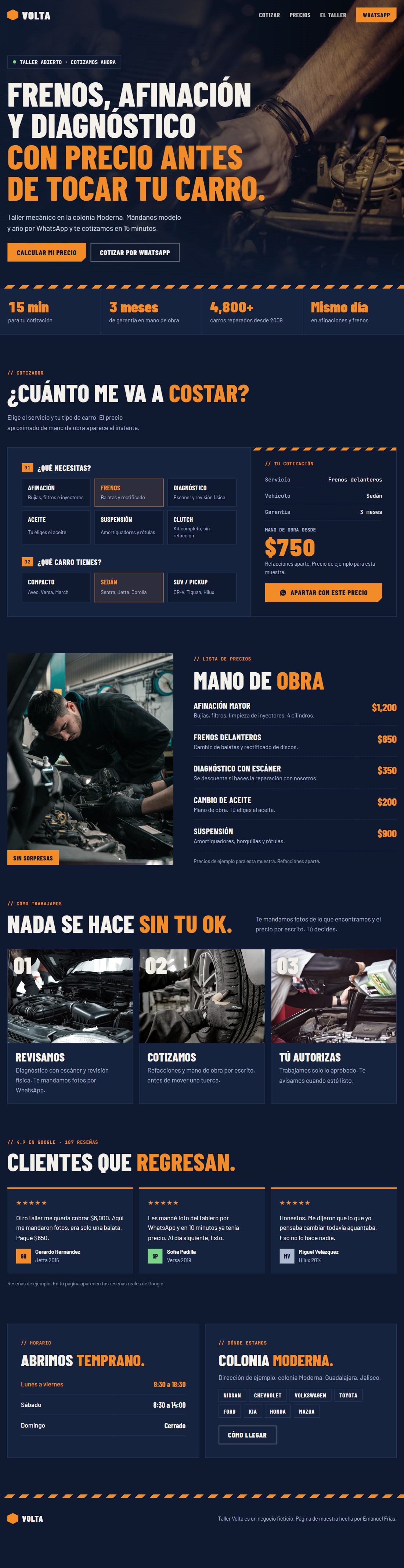 Página completa del taller mecánico de ejemplo